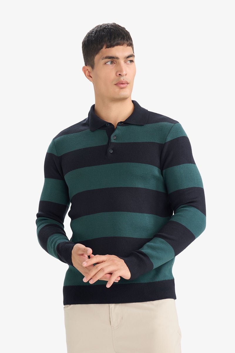 DeFacto Green Man Standard Fit Polo Collar Knitwear Pullover Casual - Image 3